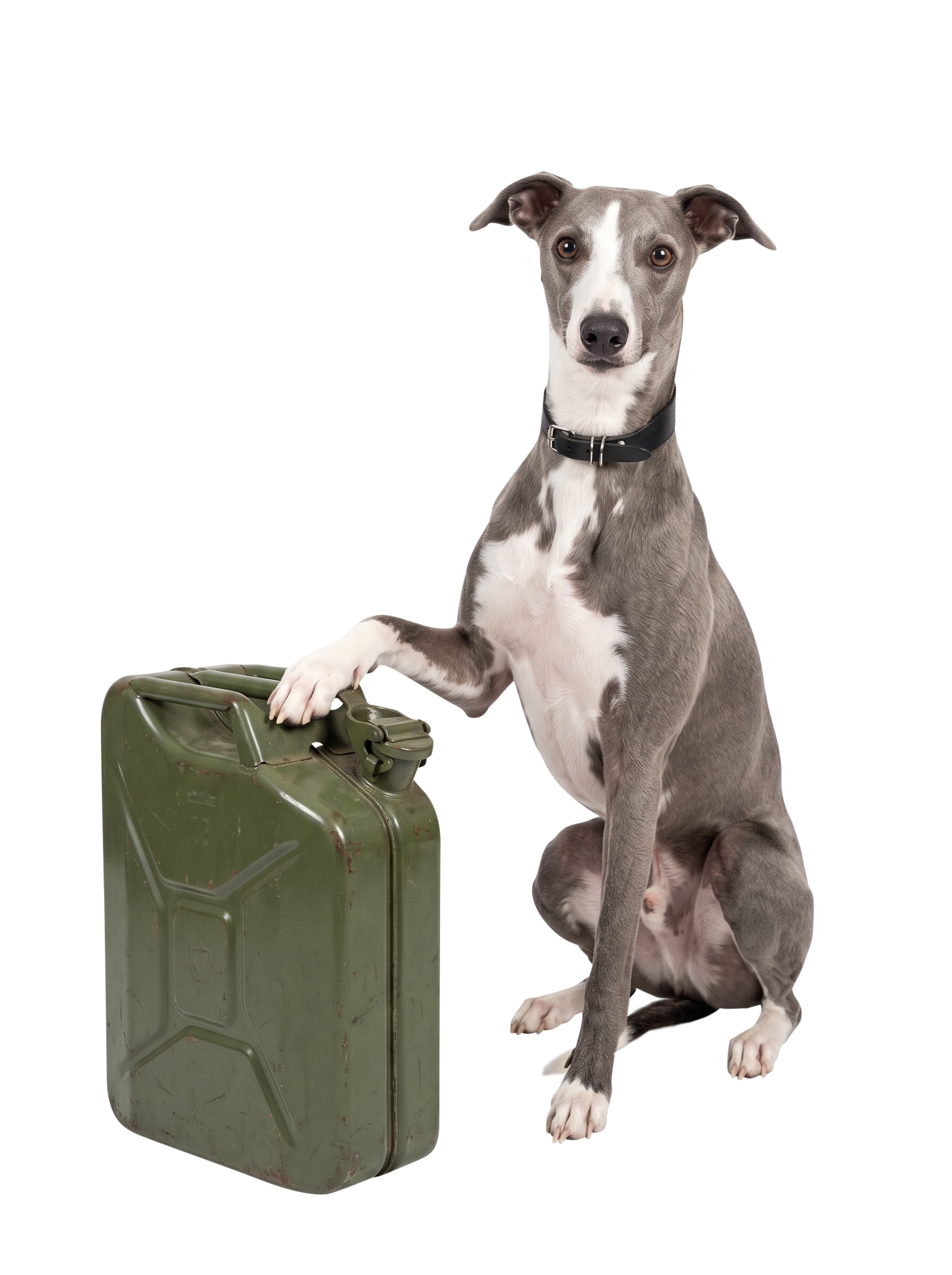 Will the whippet resting his paw on a petrol can